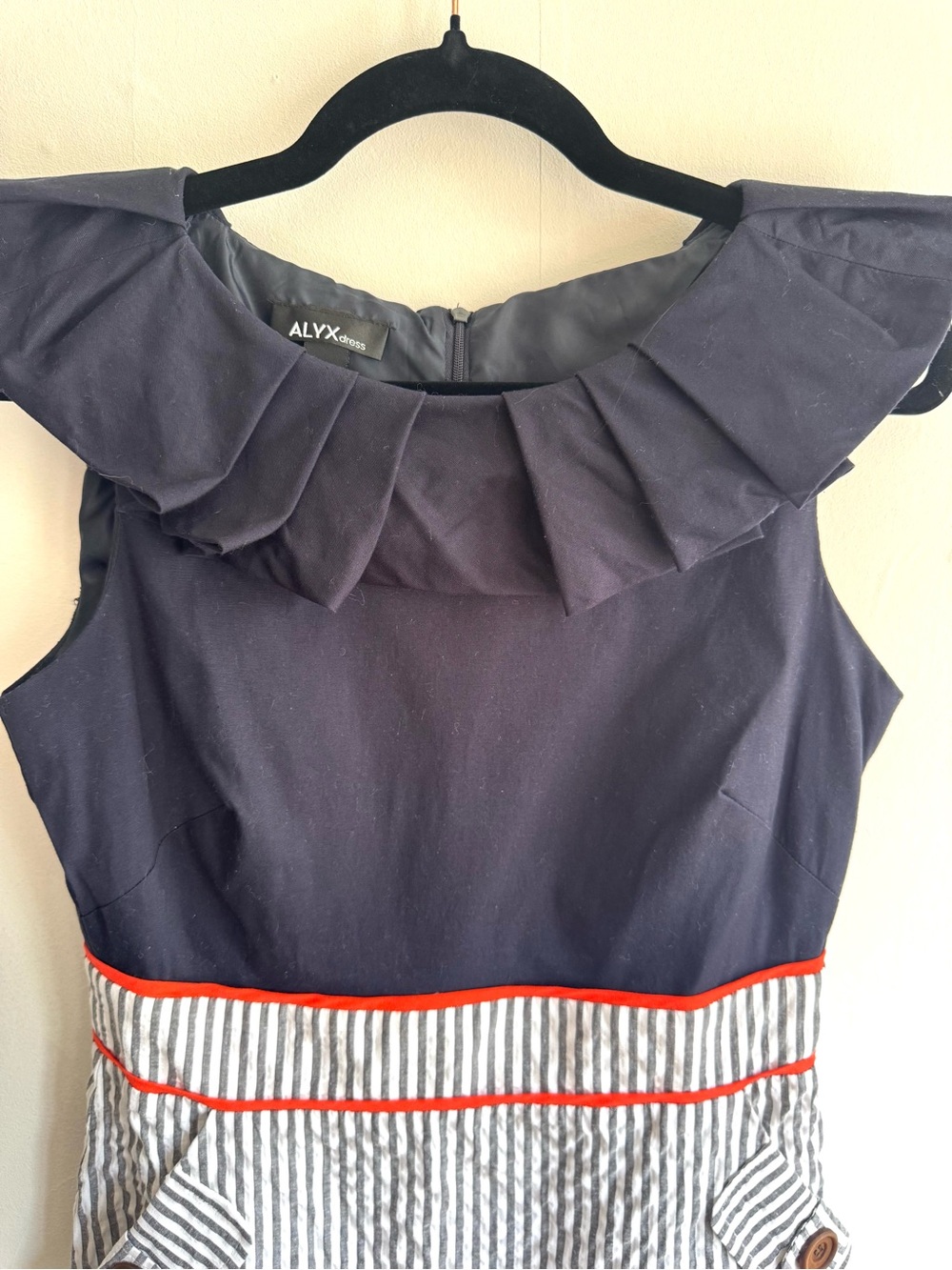 ALYX Dress Navy Bodice with Seersucker Striped Bottom with Red Trim
